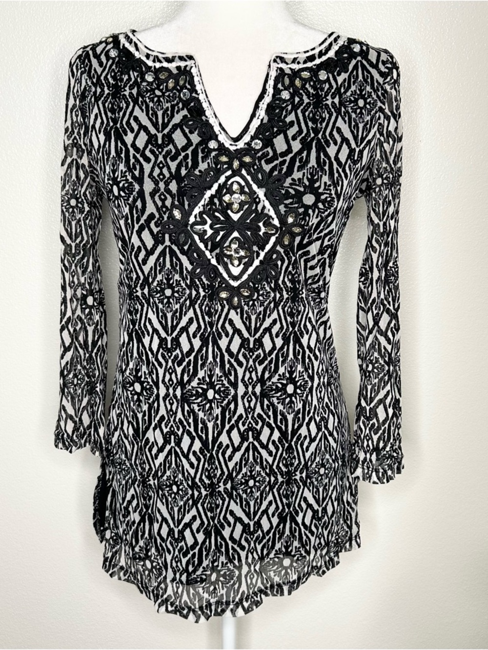 INC International Concepts Black and White Embellished V-Neck Tunic